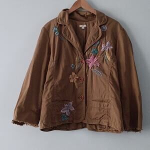 J.Jill Women’s Jacket M Brown Cotton Button Front Floral Embroidered